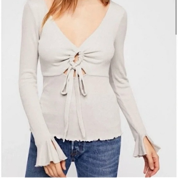 Free People Say When Long Sleeve Top Waffle Weave Cream Metallic Gold Size L - Picture 3 of 10